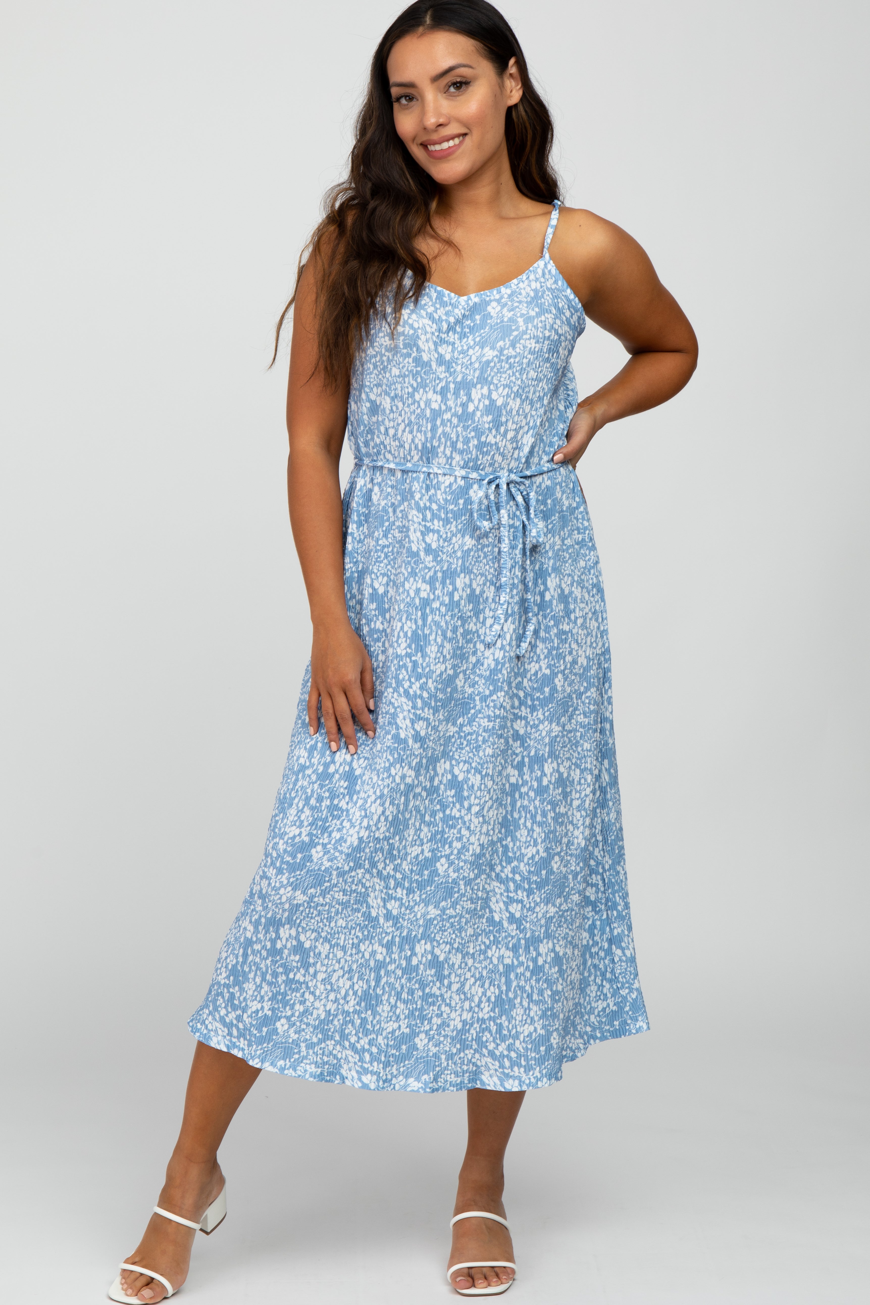 dusty blue floral pleated midi dress Blue Floral Pleated Midi Dress