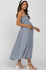 Navy Blue Checkered Square Neck Smocked Maternity Midi Dress