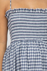 Navy Blue Checkered Square Neck Smocked Maternity Midi Dress