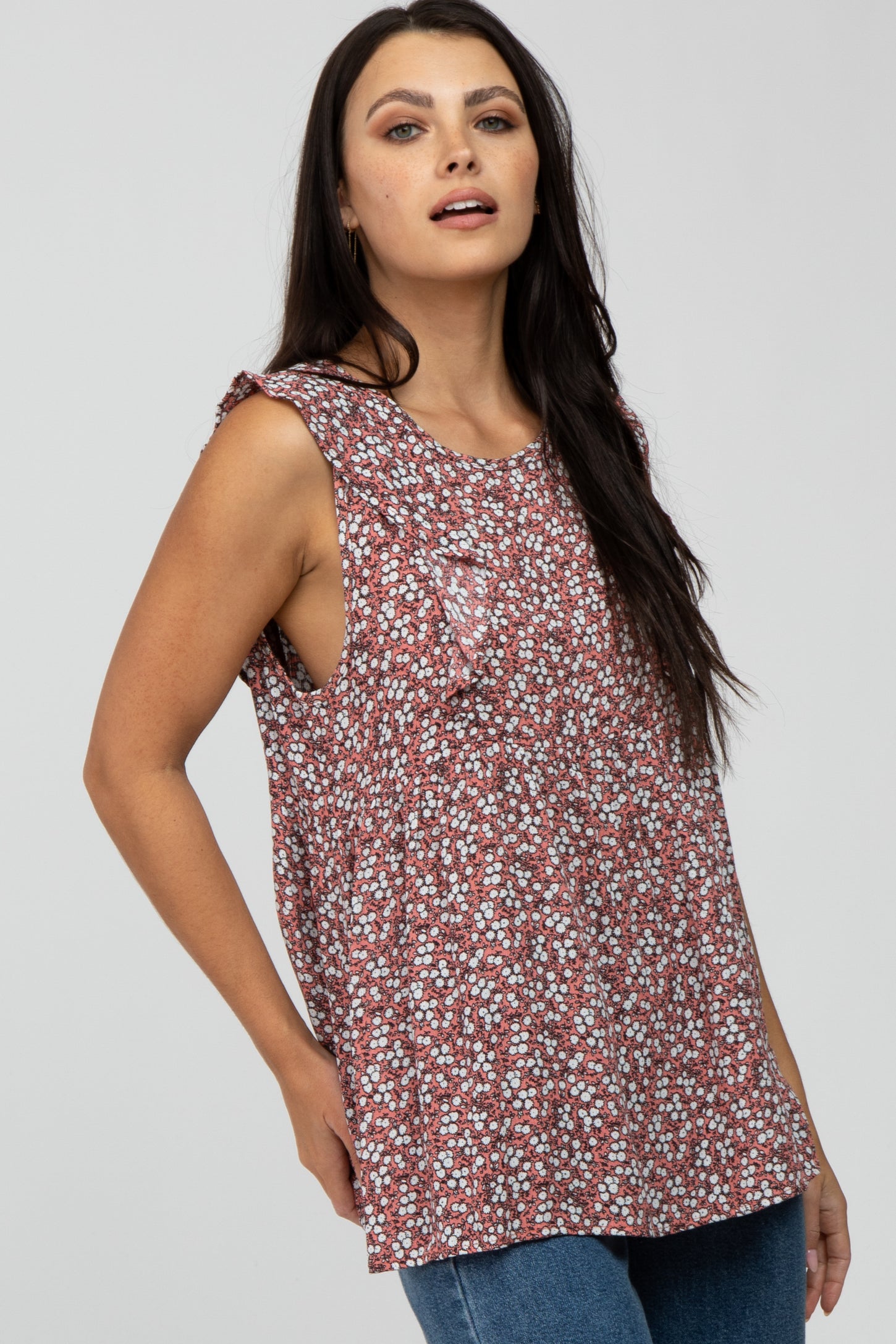 Pink Floral Ruffle Front Tank Top