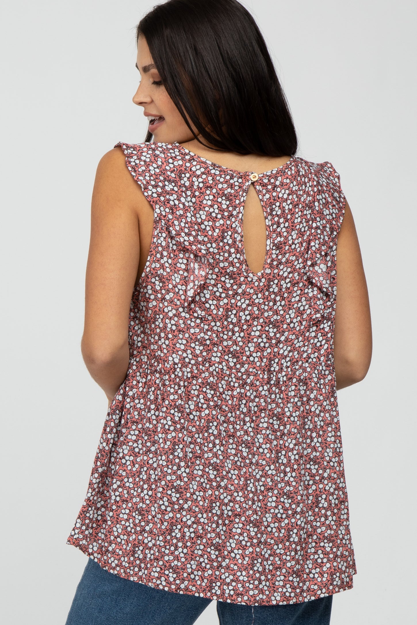 Pink Floral Ruffle Front Tank Top