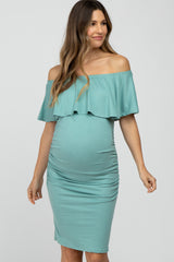 Mint Green Off Shoulder Fitted Maternity Dress