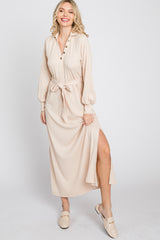 Beige Button Accent Collared Maternity Maxi Dress