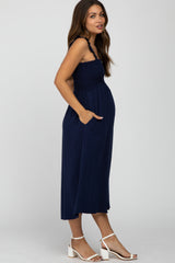 Navy Blue Linen Square Neck Smocked Ruffle Strap Maternity Midi Dress