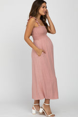 Pink Linen Square Neck Smocked Ruffle Strap Maternity Midi Dress