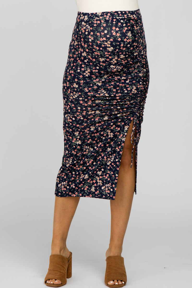 Navy Blue Floral Ruched Split Side Maternity Midi Skirt– PinkBlush