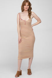 Multi-Color Striped Ribbed Snap Front Midi Dress