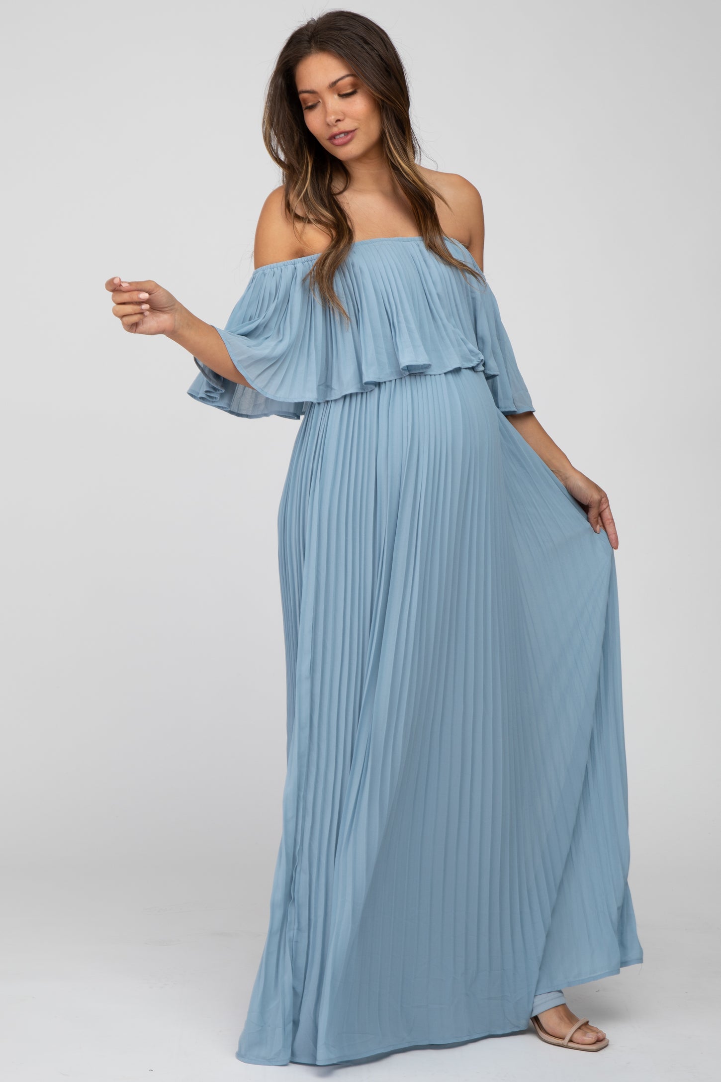 blue maternity dress off the shoulder Lace Photoshoot Long this gown beautifully hugs your baby bump while offering a graceful Blue Floral Lace Off Shoulder