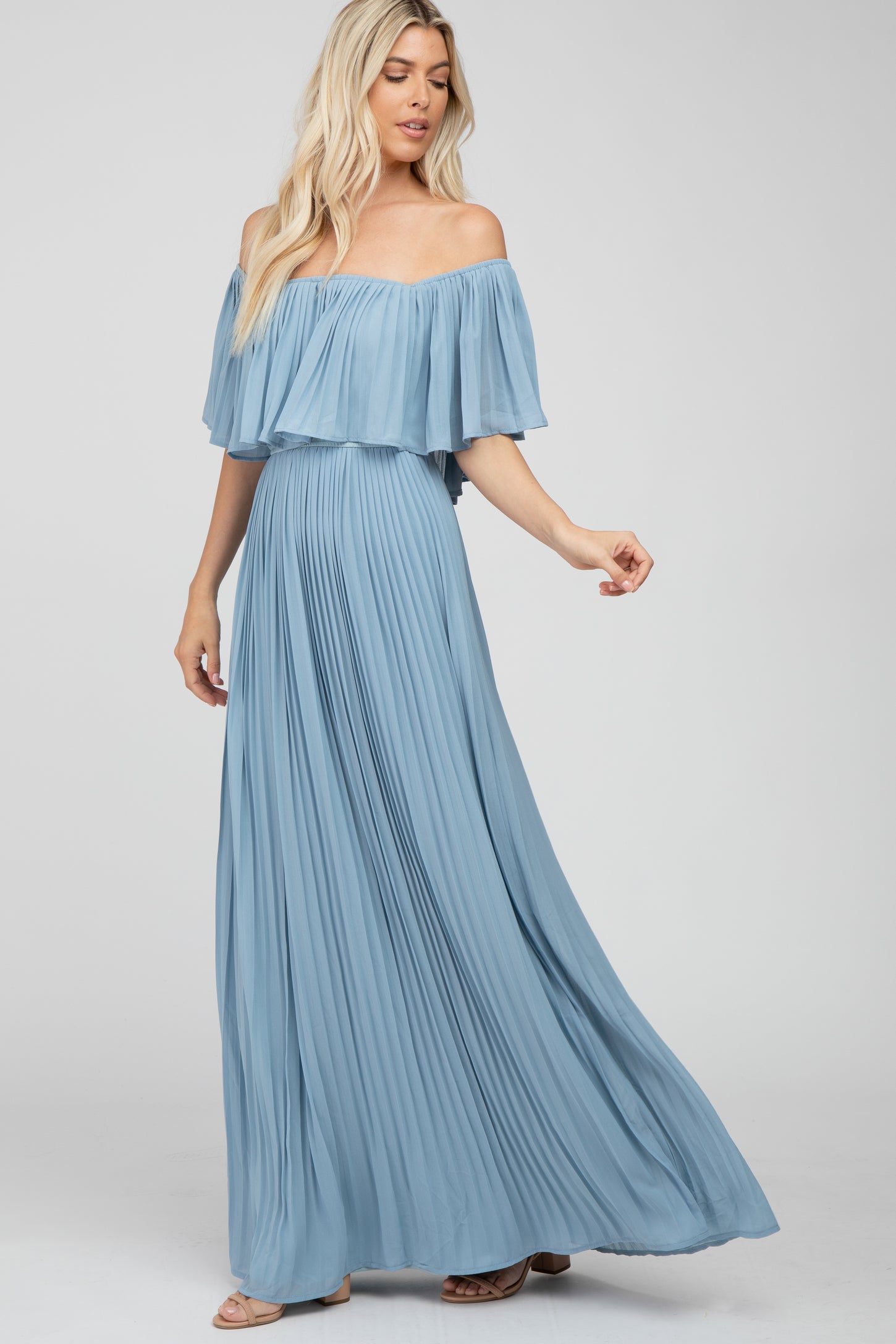 Light Blue Chiffon Pleated Off Shoulder Maxi Dress Light Blue Chiffon Pleated Off Shoulder Maxi Dress
