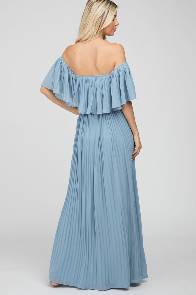 Light Blue Chiffon Pleated Off Shoulder Maxi Dress  PinkBlush