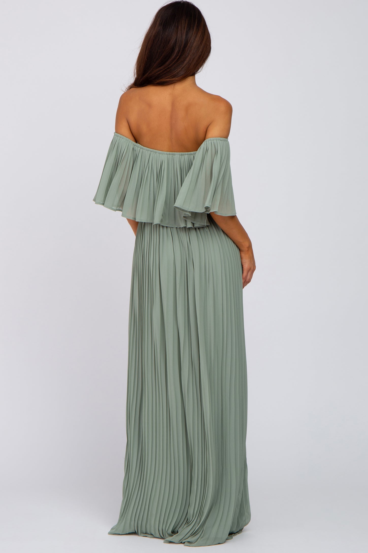 Light Olive Chiffon Pleated Off Shoulder Maxi Dress