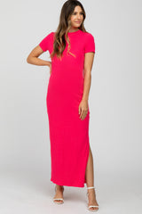 Hot Pink Ribbed Side Slit Maternity Maxi Dress