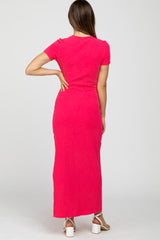 Hot Pink Ribbed Side Slit Maternity Maxi Dress