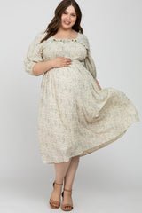 Cream Floral Smocked Plus Maternity Midi Dress