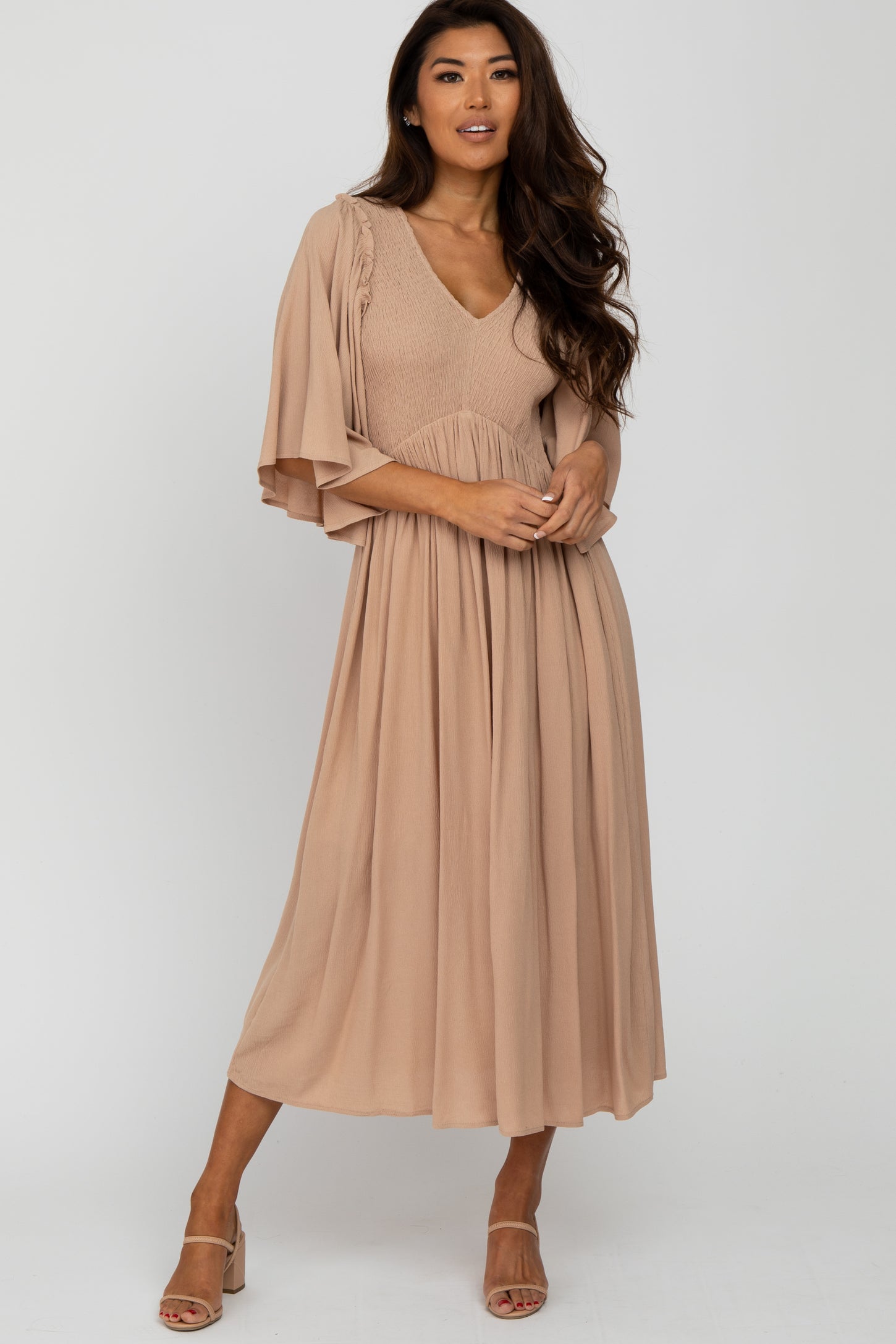 Taupe Smocked Front Ruffle Sleeve Maternity Midi Dress Small Taupe Smocked Front Ruffle Sleeve Maternity Midi Dress Small