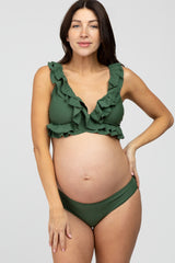 Olive Ruffle Accent Maternity Bikini Set
