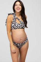 Beige Pink Leopard Print Cutout One Shoulder Maternity Bikini Set