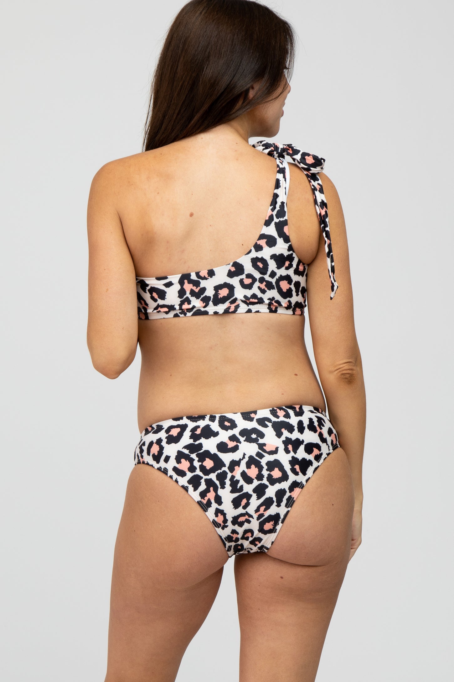 Beige Pink Leopard Print Cutout One Shoulder Maternity Bikini Set
