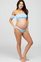 Light Blue Striped Off Shoulder Bikini Maternity Swim Set