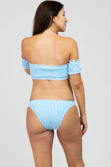 Light Blue Striped Off Shoulder Bikini Maternity Swim Set