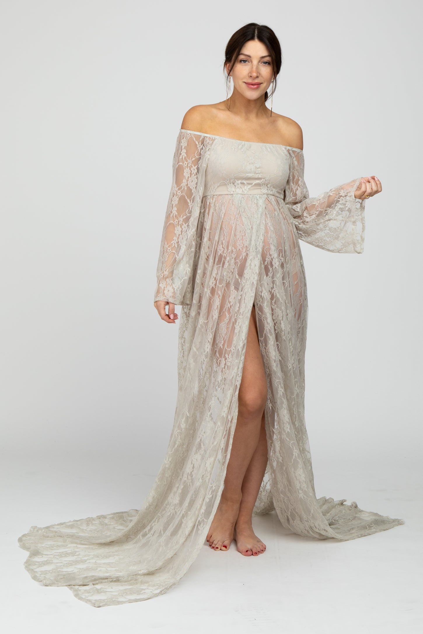lace off the shoulder maternity dress Pink Lace Off Shoulder Maternity Maxi Dress