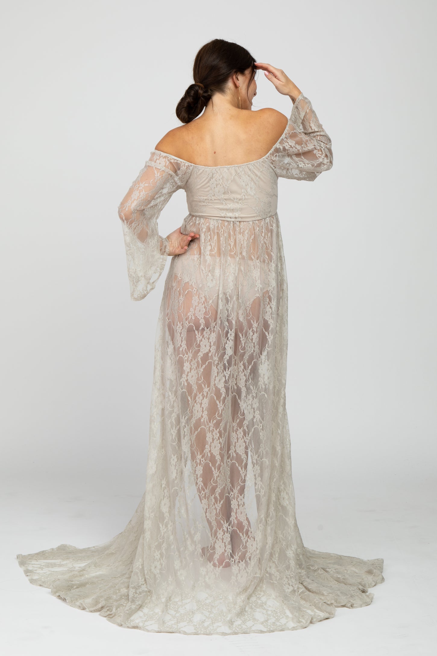 PinkBlush Taupe Lace Off Shoulder Maternity Photoshoot Gown/Dress PinkBlush Taupe Lace Off Shoulder Maternity Photoshoot Gown/Dress