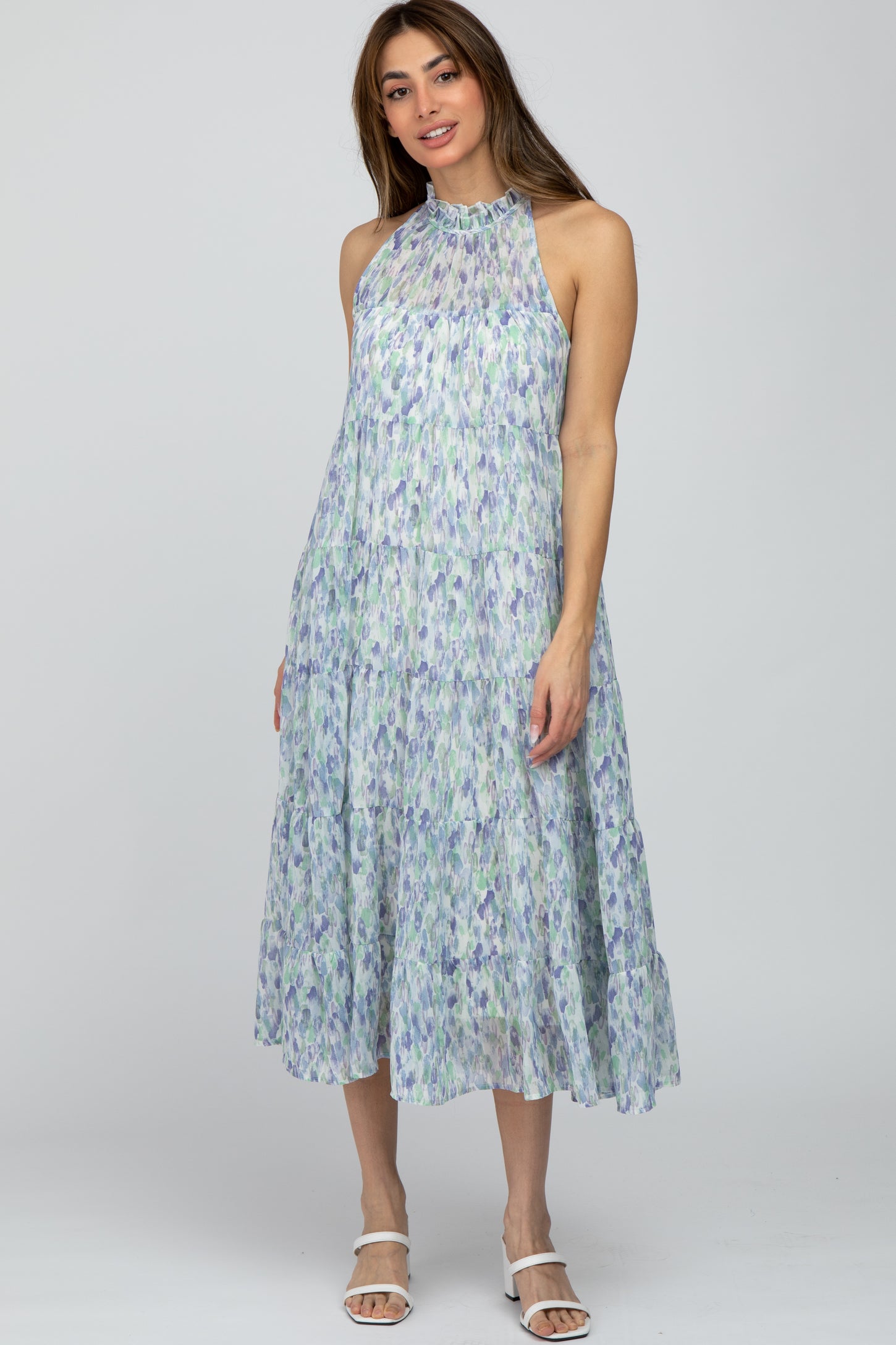 Blue Printed Sleeveless Tiered Maternity Midi Dress