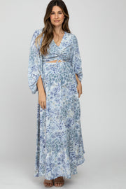 Blue Floral Front Cutout Maternity Maxi Dress