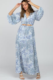 Blue Floral Front Cutout Maxi Dress