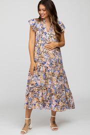 Navy Floral Ruffle Accent Maternity Midi Dress