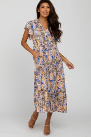 Navy Floral Ruffle Accent Midi Dress