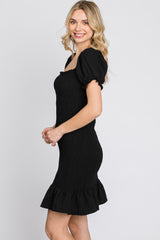 Black Smocked Puff Sleeve Dress