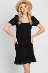 Black Smocked Puff Sleeve Dress