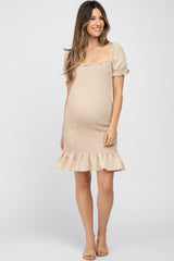 Beige Smocked Puff Sleeve Maternity Dress