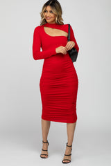 Red Fitted Ruched Cutout Neckline Maternity Midi Dress