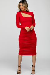 Red Fitted Ruched Cutout Neckline Midi Dress