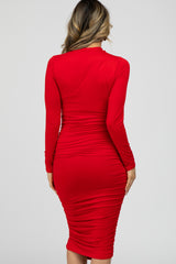 Red Fitted Ruched Cutout Neckline Midi Dress