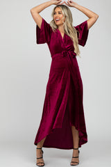 Burgundy Pleated Velvet Wrap Maternity Maxi Dress