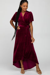 Burgundy Pleated Velvet Wrap Maternity Maxi Dress