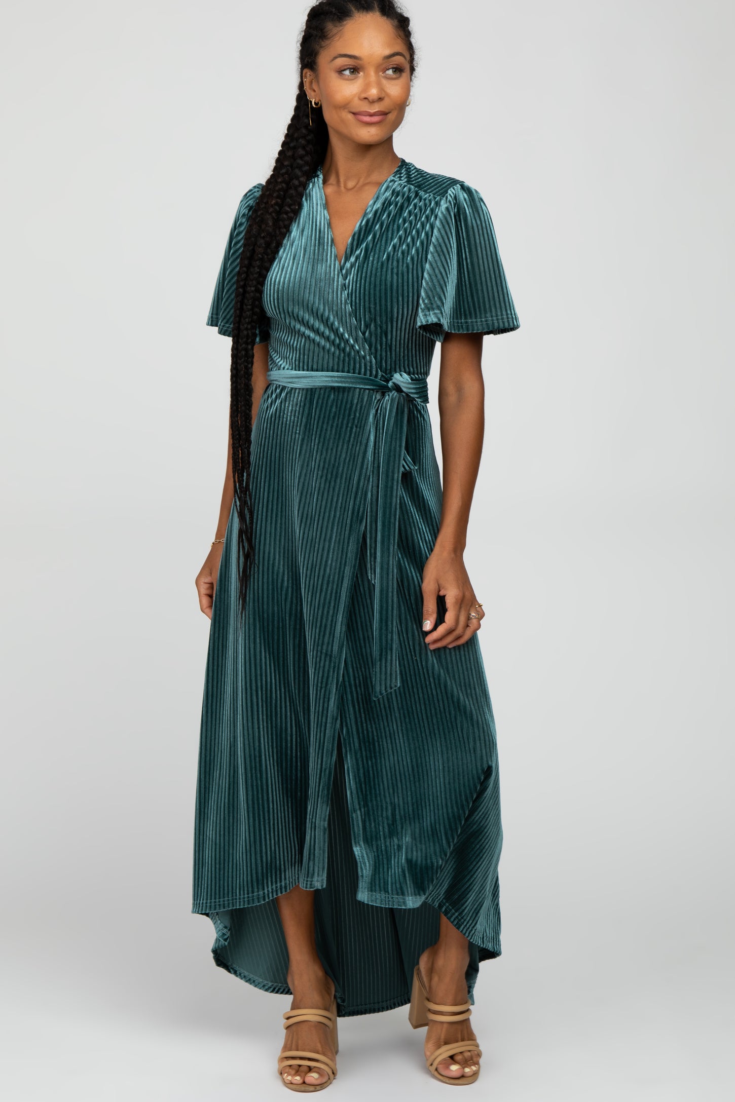 Green Pleated Velvet Wrap Maxi Dress PinkBlush Green Pleated Velvet Wrap Maxi Dress PinkBlush