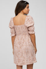 Pink Floral Smocked Square Neck Puff Sleeve Maternity Dress