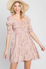 Pink Floral Smocked Square Neck Puff Sleeve Maternity Dress