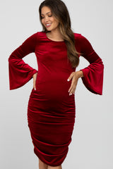 Red Velvet Ruched Bell Sleeve Maternity Dress