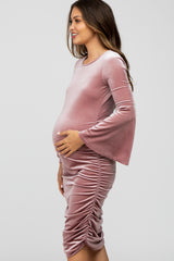 Pink Velvet Ruched Bell Sleeve Maternity Dress