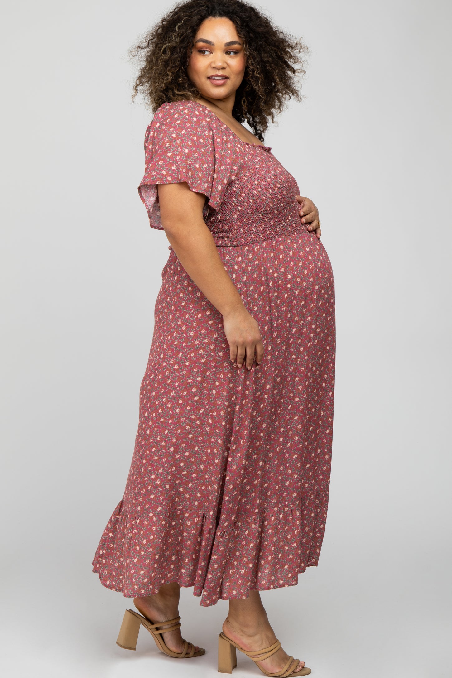 Mauve Floral Smocked Square Neck Maternity Plus Midi Dress