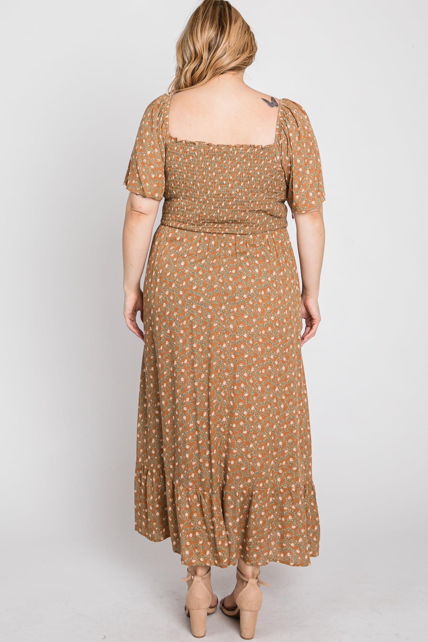 Camel Floral Smocked Square Neck Plus Midi Dress
