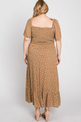 Camel Floral Smocked Square Neck Plus Midi Dress
