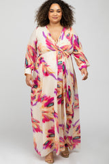 Cream Feather Print Chiffon Maternity Plus Maxi Dress