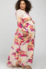 Cream Feather Print Chiffon Maternity Plus Maxi Dress