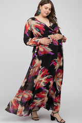 Black Feather Print Chiffon Maternity Plus Maxi Dress